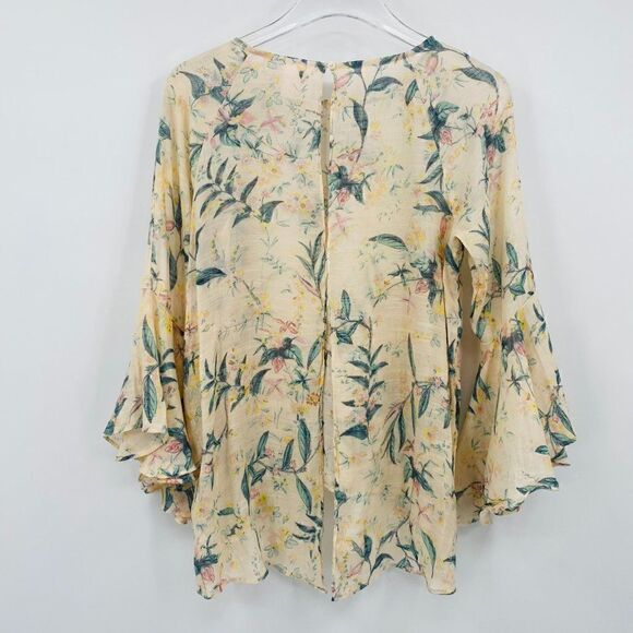 LC Lauren Conrad Size Medium Split Back Bell Sleeve Boho Floral Blouse Top - Picture 8 of 10